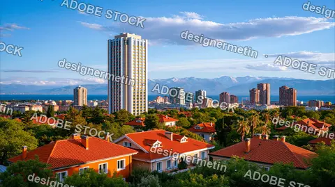 Modern City Skyline Overlooking Red Roof Houses And Mountains