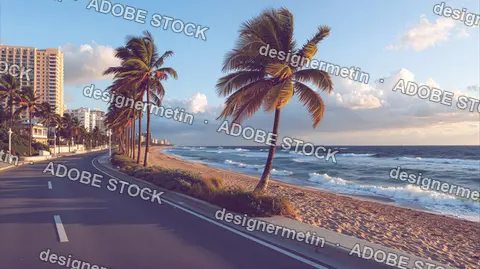 Palm Trees Lining Coastal Road Beach Sunset