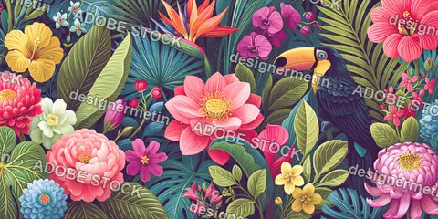 Toucan Perched Among Colorful Tropical Flowers Jungle Foliage