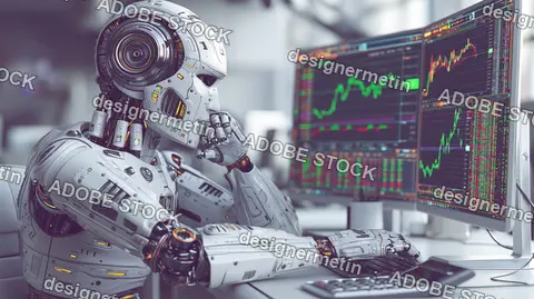 Robot Analyzing Stock Market Data On Computer Monitors