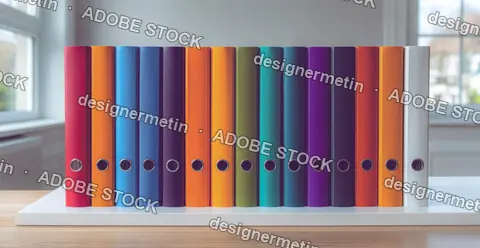 Colorful Ring Binders Standing In Row On Office Shelf