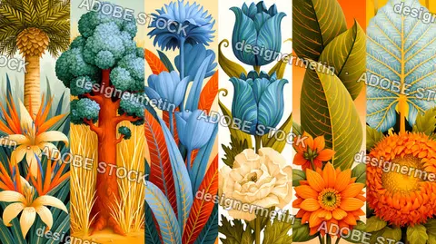 Colorful Botanical Panels Featuring Stylized Flowers And Trees