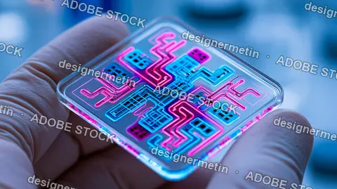 Microfluidic Biochip Glowing Neon Held In Laboratory