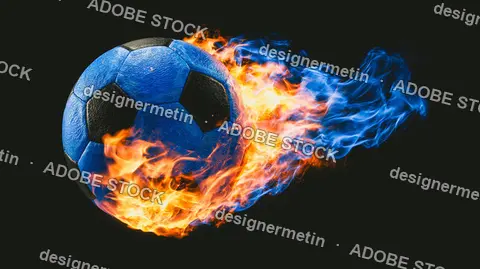 Blue Soccer Ball Engulfed In Fire On Black Background