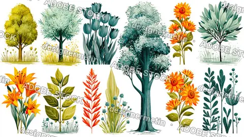Botanical Collection Trees Flowers Plants Isolated White