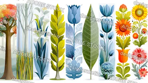 Stylized Botanical Plant Tree Flower Vertical Banner Collection