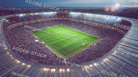 Crowded Soccer Stadium Illuminated At Night Sky Fireworks