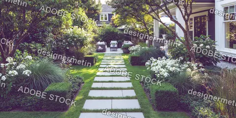 Stepping Stone Walkway Through Landscaped Residential Garden