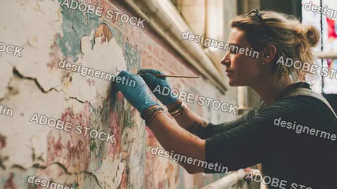 Female Art Restorer Cleaning Ancient Mural In Cathedral