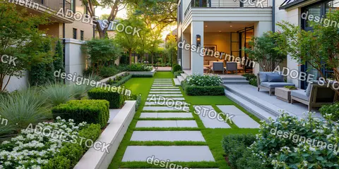 Modern Landscaped Backyard Stone Path Luxury House Patio