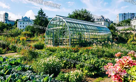 Greenhouse In Lush City Garden Under Blue Sky