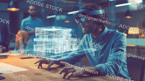 Architect Using Augmented Reality Headset Viewing 3d Building Model