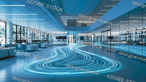 Futuristic Laboratory Glowing Blue Light Trails Modern Workspace