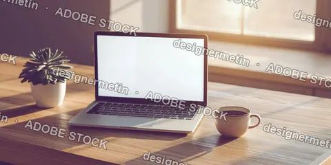 Laptop Blank Screen Wooden Desk Office Interior