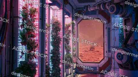 Vertical Hydroponic Strawberry Farm In Mars Space Station Module
