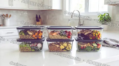 Healthy Meal Prep Containers Stacked On Kitchen Counter
