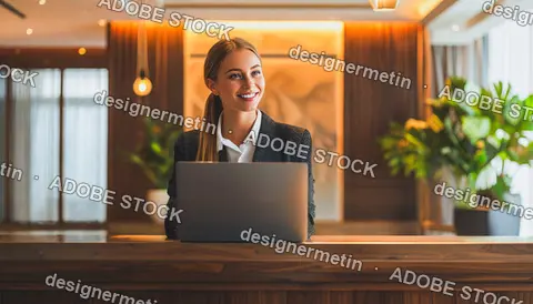 Smiling Receptionist Using Laptop At Luxury Hotel Lobby Counter