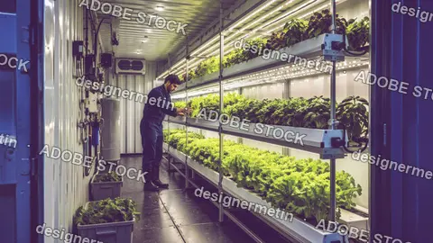 Man Inspecting Plants In Vertical Hydroponic Container Farm