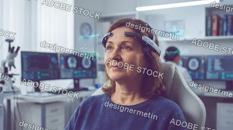 Woman Wearing Neural Monitoring Headset Medical Laboratory
