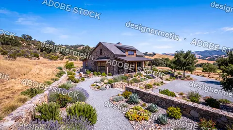 Stone Cottage Overlooking Drought-Tolerant Garden On Sunny Hillside