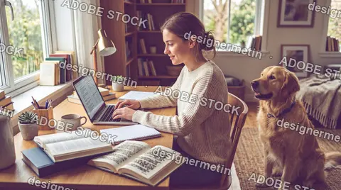 Woman Typing Laptop Beside Golden Retriever Home Office