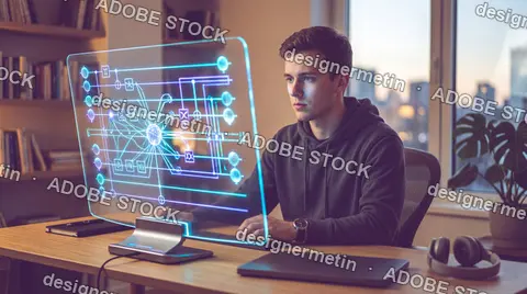 Young Man Using Holographic Transparent Computer Screen In Home Office