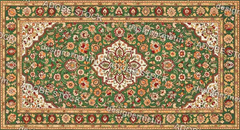 Green Persian Rug Floral Medallion Pattern