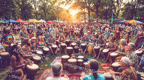 Diverse Crowd Playing Djembe Drums At Outdoor Sunset Festival