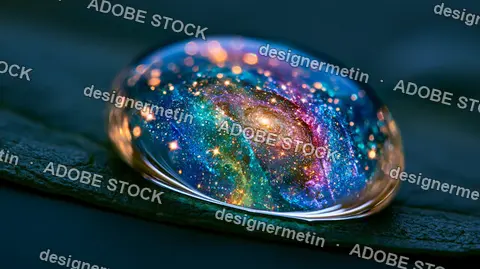 Galaxy Water Droplet Resting On Dark Leaf