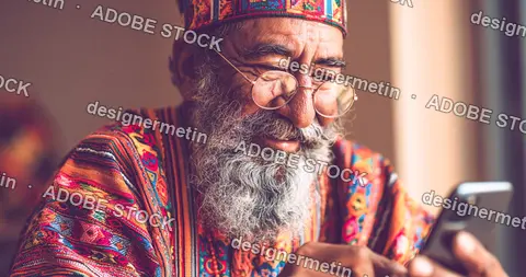 Senior Man In Traditional Attire Using Smartphone Indoors