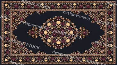 Gothic Skull And Rose Ornamental Rug Pattern