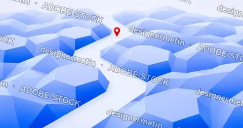 Low Poly Terrain Red Pin Winding Path Blue Landscape