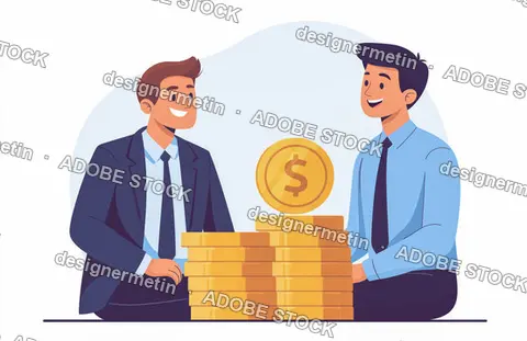Businessmen Discussing Investment Behind Stacks Of Gold Coins