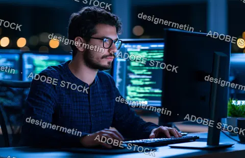 Programmer Coding On Multiple Monitors In Dark Office At Night
