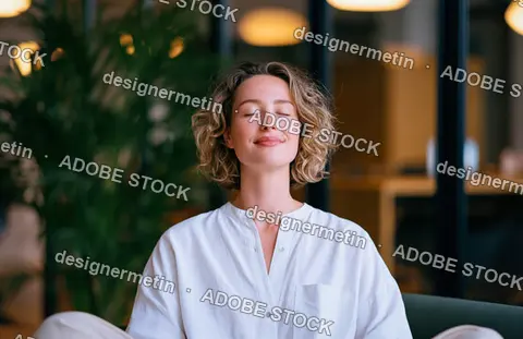Young Woman Meditating Eyes Closed Office Interior