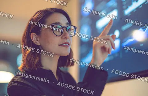 Businesswoman Analyzing Data On Digital Screen In Office