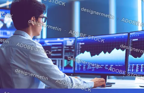 Data Analyst Monitoring Financial Charts On Screens In Office