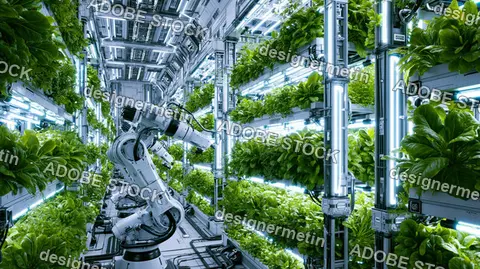 Robotic Arm Farming Greens In Futuristic Vertical Farm