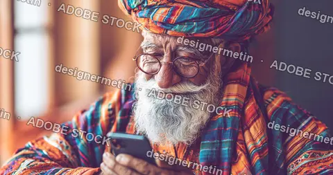 Senior Indian Man In Colorful Turban Using Smartphone
