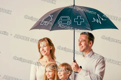 Family Sheltered By Protective Insurance Umbrella Indoors