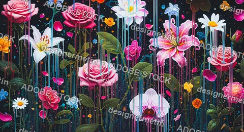 Melting Flowers Dripping Paint On Dark Starlit Background