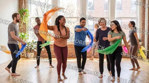 Diverse Group Dancing Colorful Scarves Bright Sunlit Studio