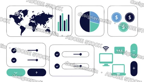 Flat UI Dashboard Cards Vector, World Map, Finance Charts Controls Set