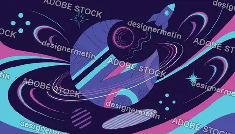 Abstract Holographic Planet Vector, Glowing Rings, Neon Space Scene