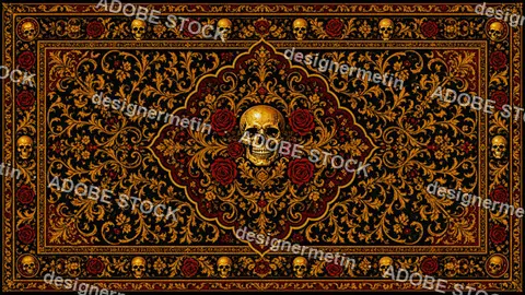 Ornate Skull Rose Persian Rug Pattern