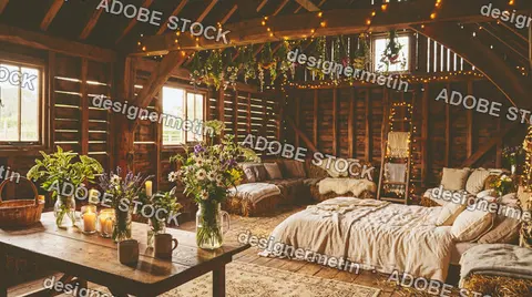 Rustic Barn Bedroom Interior Decorated Lights Flowers