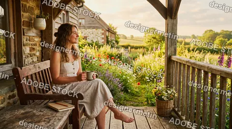 Woman Sitting On Rustic Cottage Porch Overlooking Flower Garden