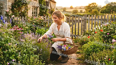 Young Woman Harvesting Lavender In Cottage Garden