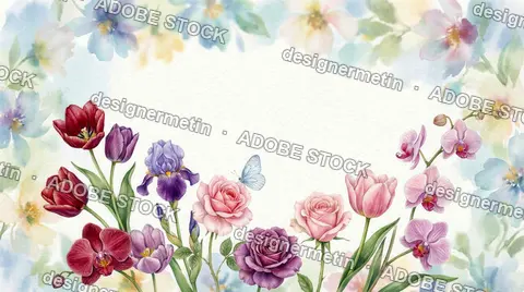 Watercolor Floral Border Butterfly White Background