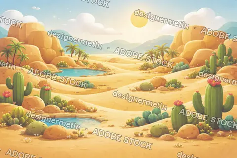 Cartoon Desert Oasis Dunes Cacti Sunny Landscape